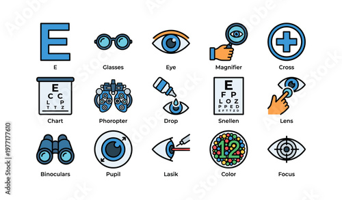 Icons representing vision and eye care tools including eye chart, glasses, and eye exam symbols