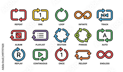 Colorful music playback icons: repeat, loop, infinite, track, automatic playback