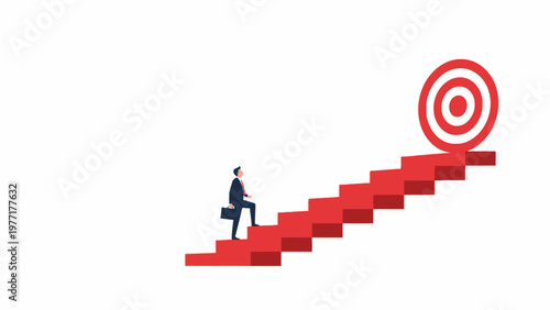 Businessman climbing stairs to reach business goal target