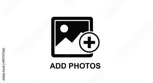 Black and white icon depicting a photo with an add symbol overlay