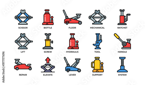 Collection of colorful mechanical jacks and tools icons