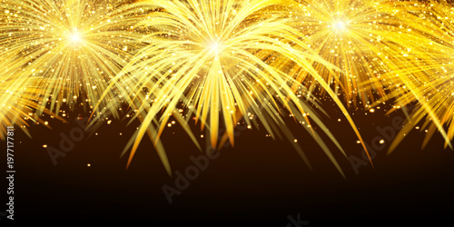 Yellow firecracker burst with shimmering sparks on dark smoky bg. Explosion of holiday fireworks with gradient mesh and overlay effects. Vector illustration