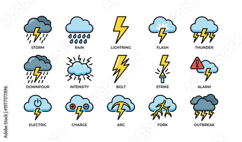 Weather icons: lightning, rain, thunder, and storm symbols collection