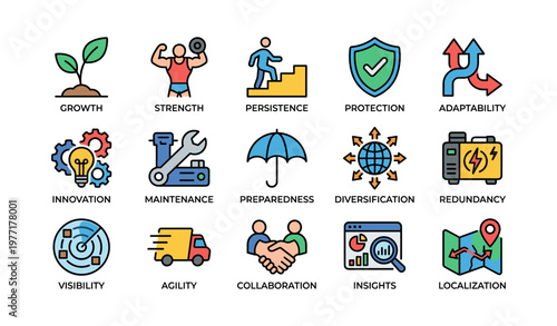 Business strategy icons illustrating growth, strength, protection, innovation, and diversification