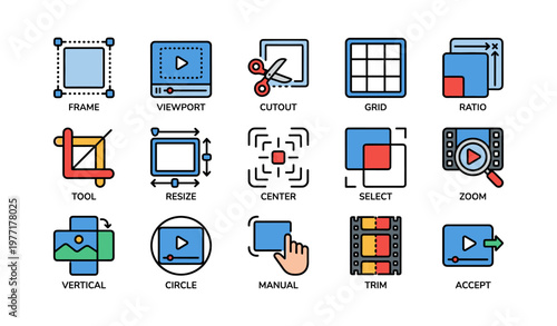 Colorful icon set for design tools including frame, cutout, zoom, and resize features