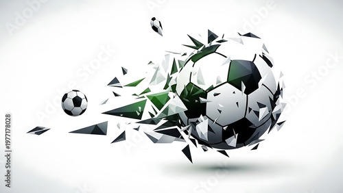 Abstract soccer ball bursting apart, showcasing motion and energy. The image captures the dynamic essence of the game