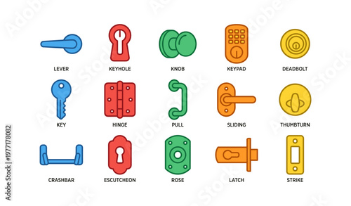 Colorful set of door hardware icons including knob, key, lever, and keypad