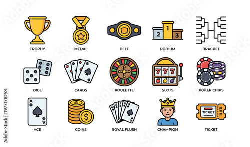 Colorful casino game icons including trophy, medals, cards, and poker chips