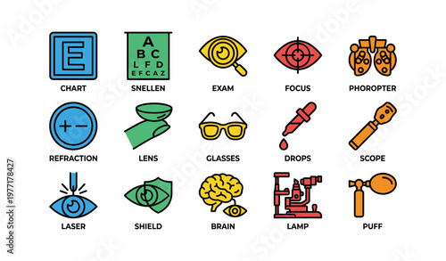 Eye care icons set featuring chart, exam, and instruments for vision and protection