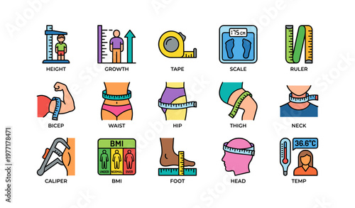 Body measurement icons: height, waist, bicep, scale, bmi, temperature tools