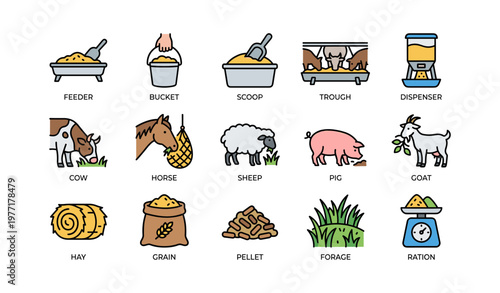 Farm animal feeding supplies and feed types icons collection