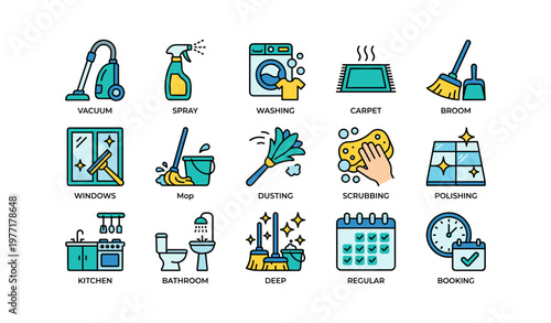 Home cleaning icons: vacuum, spray, washing, carpet, broom, mop, dusting, scrubbing, polishing