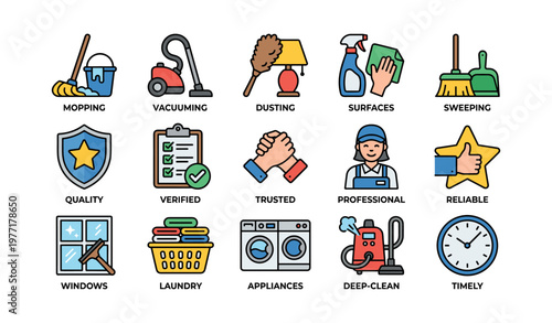 Household cleaning icons: mopping, vacuuming, dusting, surfaces, sweeping