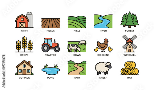Farm life icons featuring animals, machinery, and landscape elements