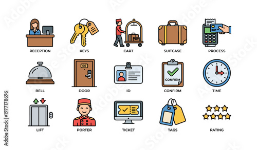 Hotel services icons: reception, keys, cart, suitcase, bell, id, rating, porter, confirm