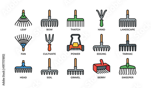 Variety of rakes and garden tools for landscaping and cultivation