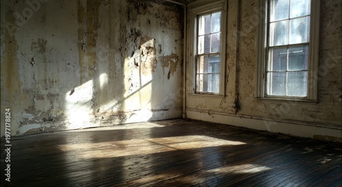 Interior view of sunlit room with peeling paint and windows. Wooden floor reflects light