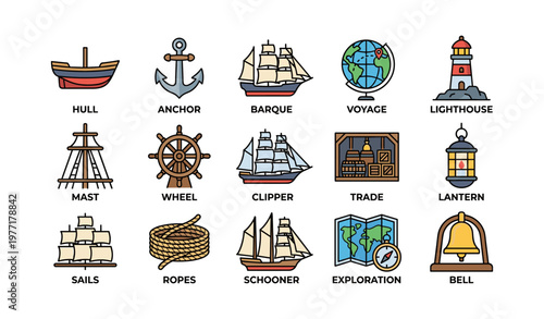 Maritime icons collection featuring ships, navigation, and exploration elements