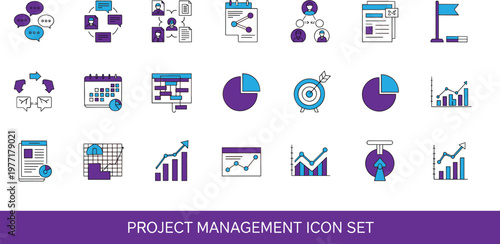 Project management icon set with analytics dashboard workflow planning timeline charts team collaboration business productivity vector interface symbols collection