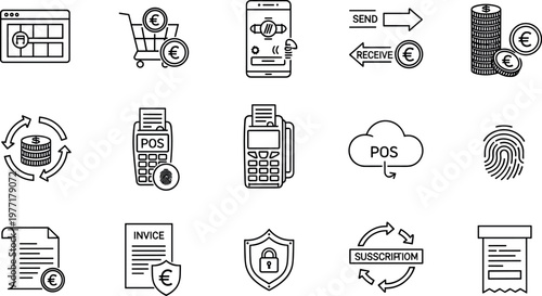 Digital payment and finance line icons set with POS terminal mobile wallet invoice security subscription and transaction symbols