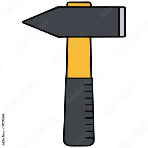 A hammer with a yellow handle and gray head is shown on a plain surface.