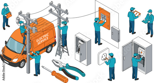 Cartoon Electricians Working on Power Lines, Electrical Service Van, and Tools for Wiring and Maintenance Illustration