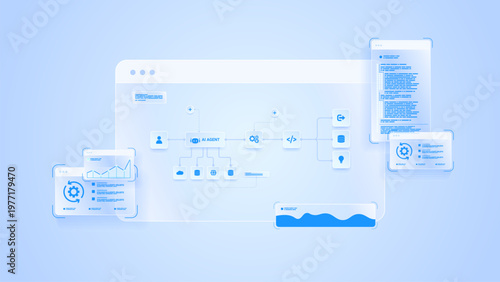 AI workflow automation artificial intelligence. ai agent network diagram connecting node input, processing flow, cloud, data analytics panel, and automation system.