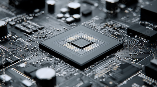 A close-up view of a microchip on a circuit board, showcasing intricate electronic components and modern technology.