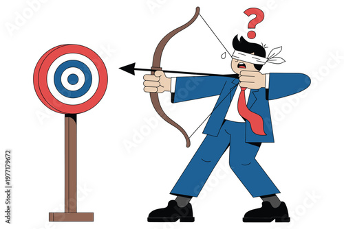 Blindfolded professional aiming bow at archery target symbolizing lack of strategic focus.