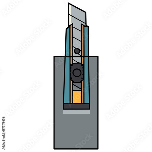 An illustration shows a cutaway view of a mechanical device with a cylindrical component and rectangular parts in an industrial setting.