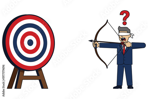 Blindfolded businessman holding bow and arrow aiming at target for business goal concept.