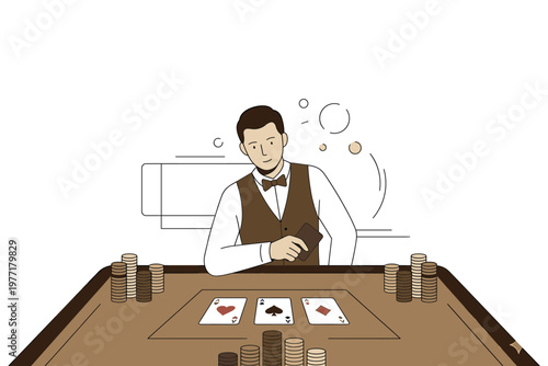 Casino dealer at poker table with ace playing cards and betting chips flat vector design.