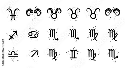 Astrology symbols are presented in this clean black and white.