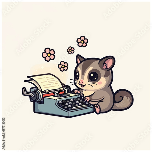 Cute cartoon squirrel on typewriter.