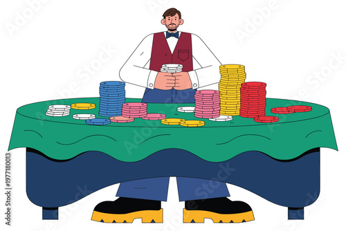 Casino dealer with stacks of poker chips at table in formal wear, seated.