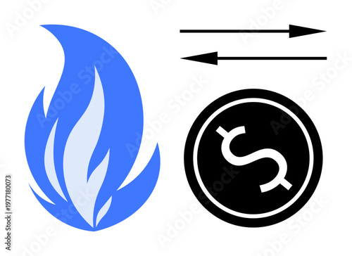 Energy, economics, financial transactions, currency exchange, investment, market dynamics. Blue flame beside currency symbol with directional arrows. Energy and economics concepts visually