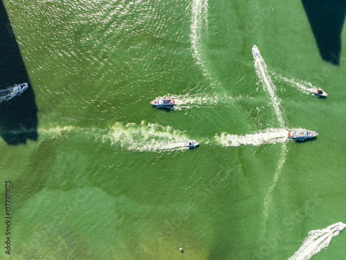 Aerial view of Miami downtown skyline and Biscayne Bay with boats, Florida USA