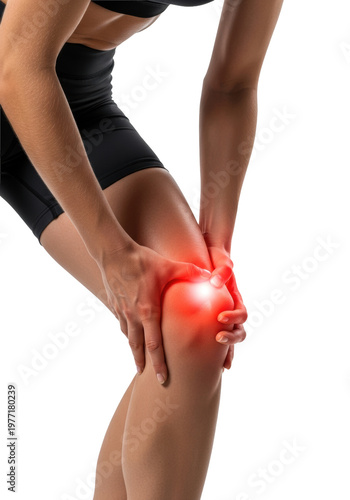 Athletic young woman in dark shorts clutching her knee with a red glowing effect against a white studio background sports injury pain atmosphere