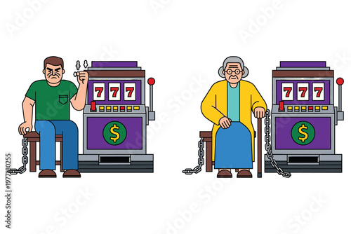 Chained man and woman at slot machines in casino.
