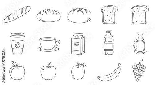 A collection of various food and drink items on display in a kitchen or market setting with bread, coffee, fruits, and more.