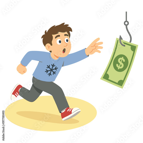 Child chasing money on a fishing hook, temptation of quick wealth.