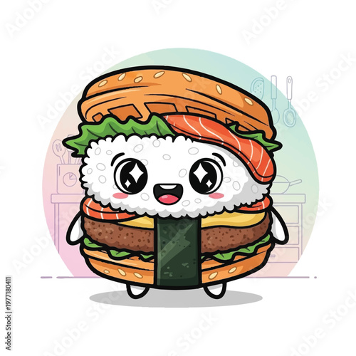 Cute Sushi Burger Food Character.