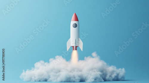 A stylized rocket launches into the sky, surrounded by billowing clouds, symbolizing exploration and innovation against a serene blue backdrop.