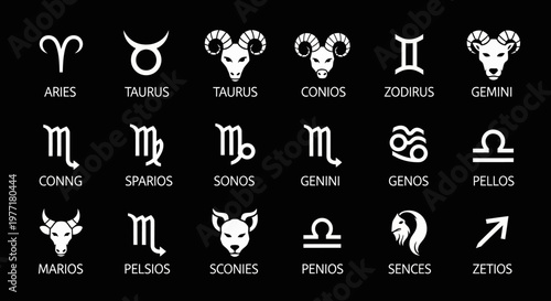 Zodiac signs are displayed as a collection of white icons on a dark.