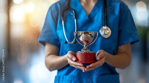 Healthcare professional in blue scrubs holding a silver trophy with a red base