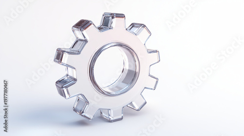 A clear, stylized gear icon, symbolizing engineering and mechanics, sits against a light background, emphasizing transparency and modern design.