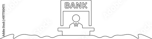A simple line drawing of a bank teller sitting at a desk with a sign reading bank