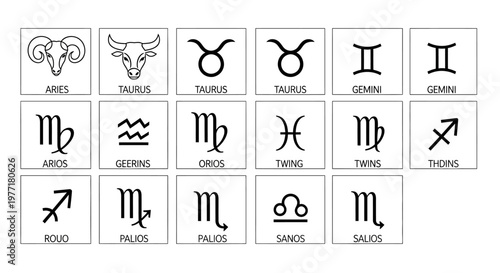 Horoscope signs grid presents a variety of mystical icons in a layout.