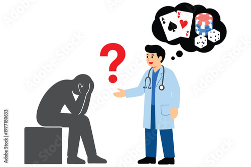 Doctor reassuring worried man considering gambling with cards dice and chips.