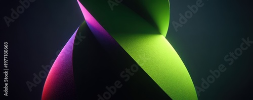 Abstract three dimensional geometric shape featuring vibrant purple and bright green curved surfaces